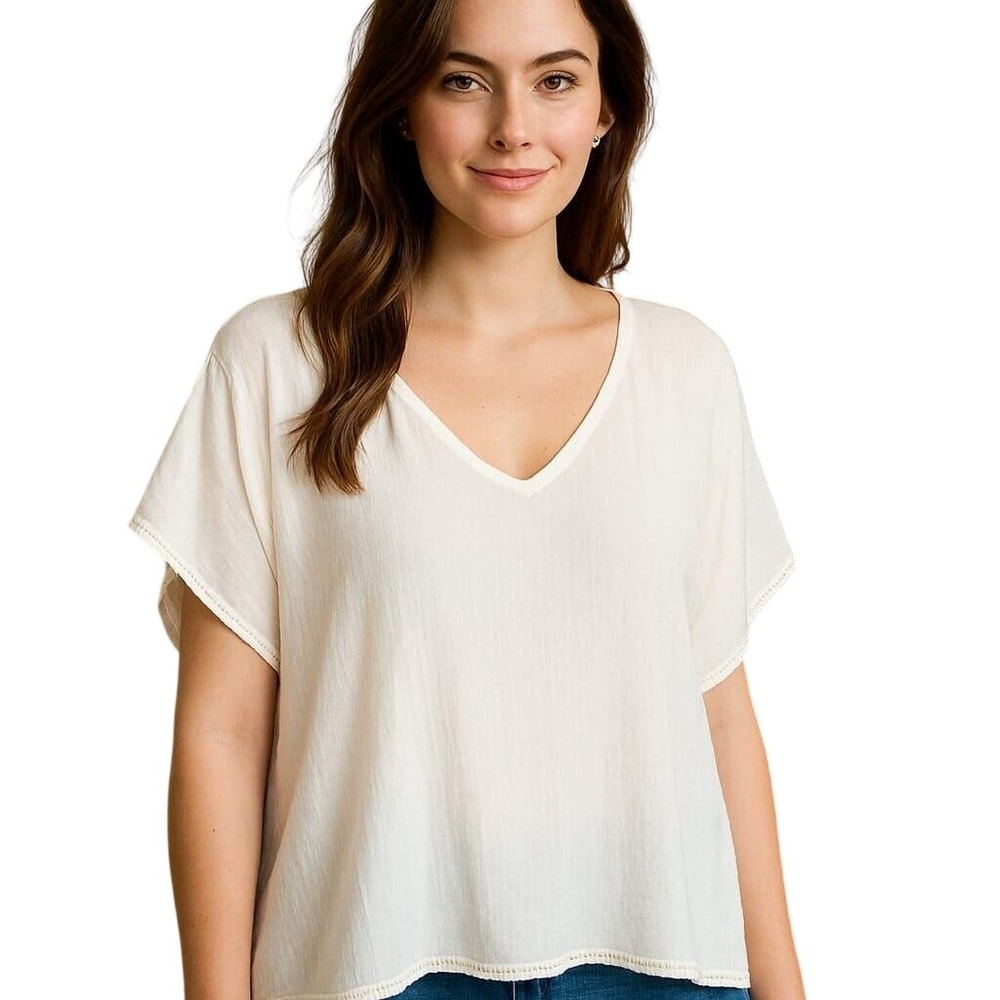 Alyx White Flowy Batwing Top with Crochet Trim Boho Chic Summer Blouse Women L